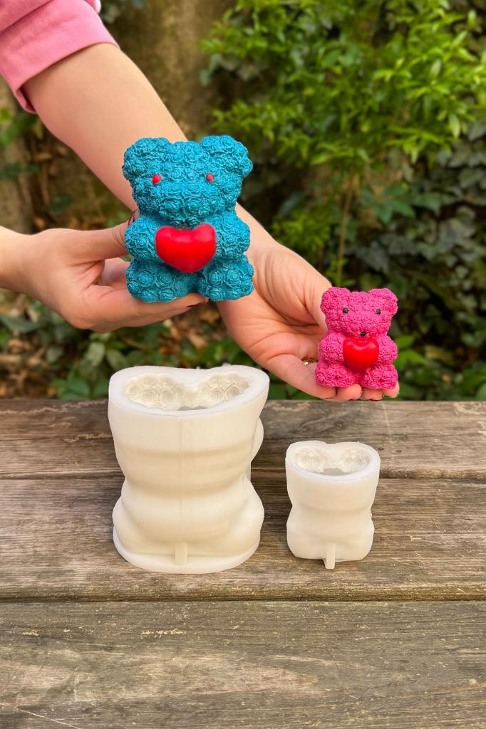 Teddy Bear Gül Dokulu İkili Silikon Mum Kalıp Seti